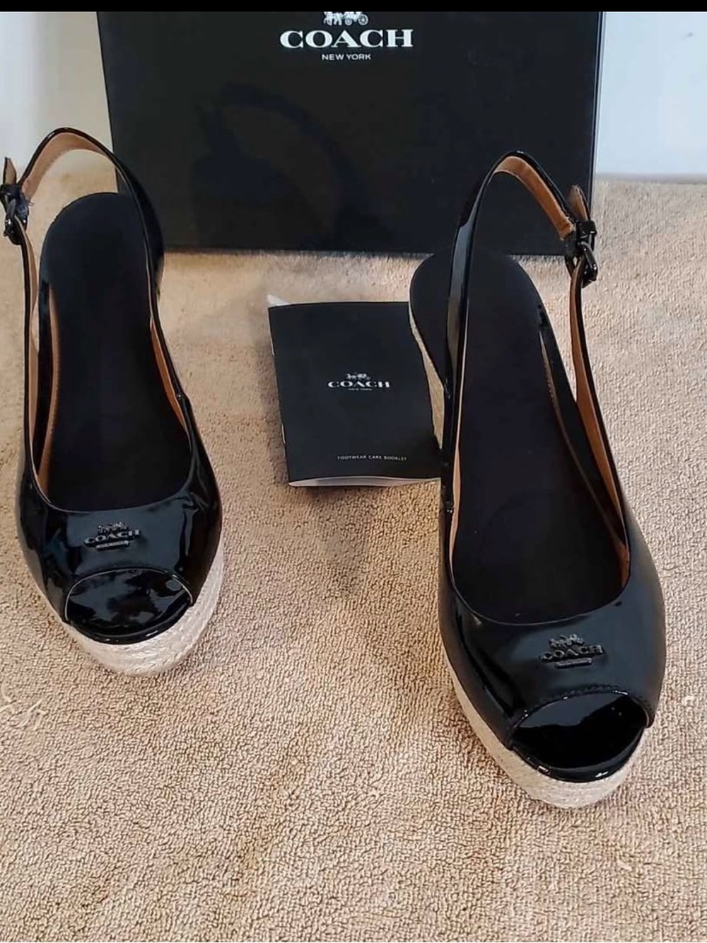 Coach Black Patent Peep-Toe Espadrille Wedge Sandals 3inches